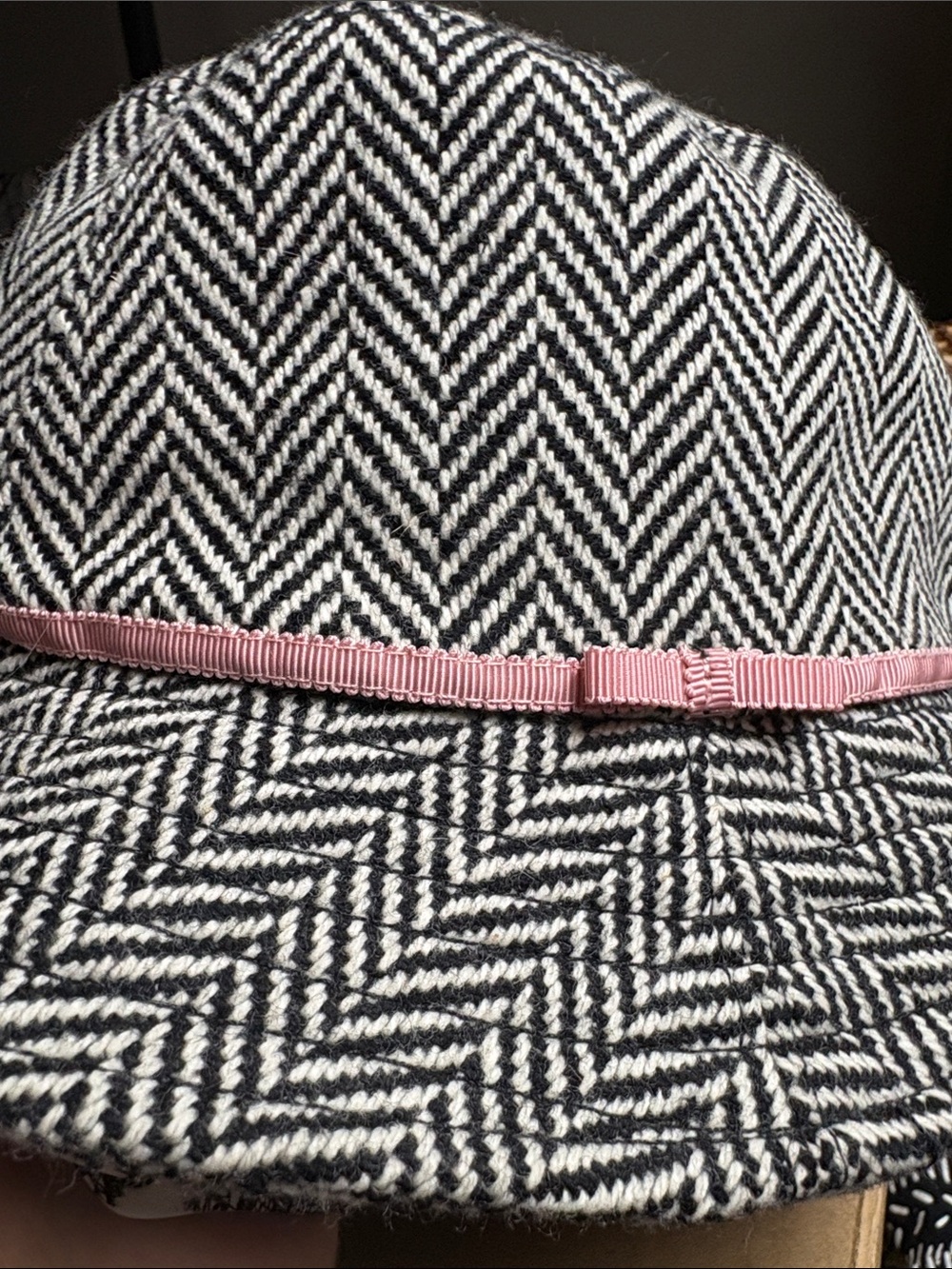 J. Crew Black & White Herringbone Bucket Hat with Pink Ribbon - Picture 11 of 16